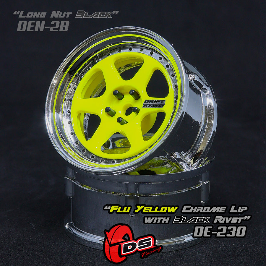 DS Racing (#DE-230) Drift Element 6 Spoke Wheel Set - Flu Yellow/Chrome Lip w/ Black Rivets