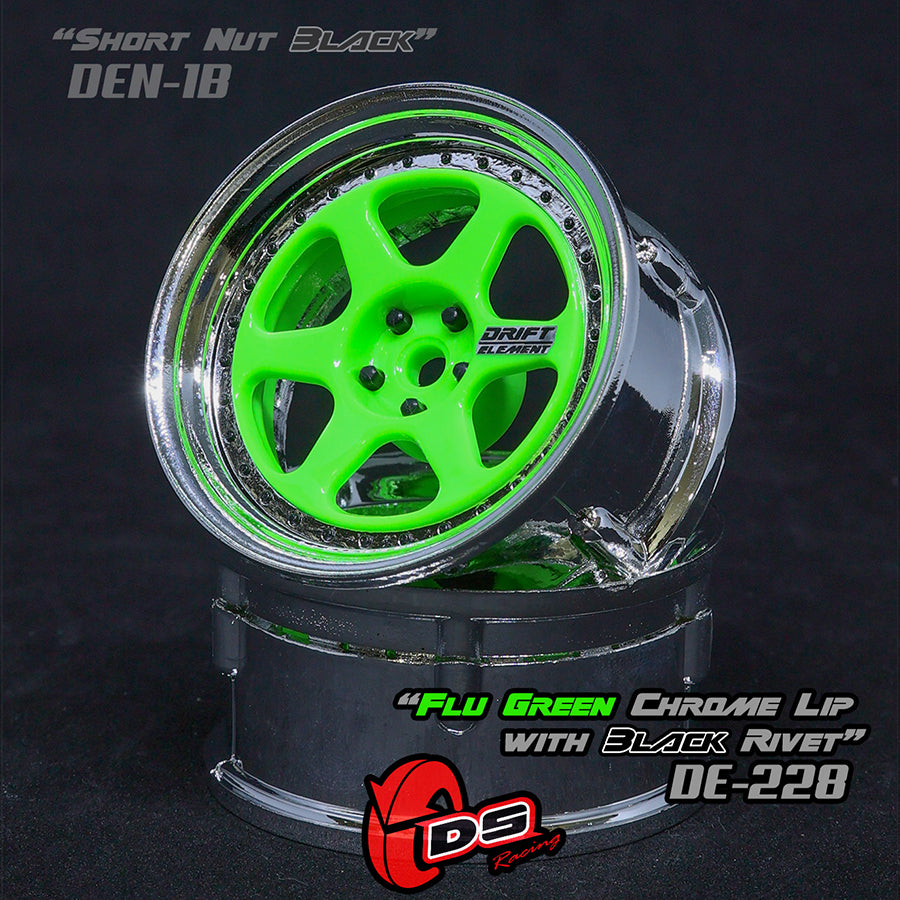 DS Racing (#DE-228) Drift Element 6 Spoke Wheel Set - Flu Green/Chrome Lip w/ Black Rivets